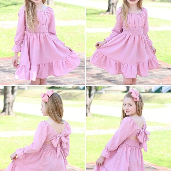 Girls Long Sleeve Tie Back Off Shoulder Dress - Pink, 11-12 Years - Picture 5 of 6